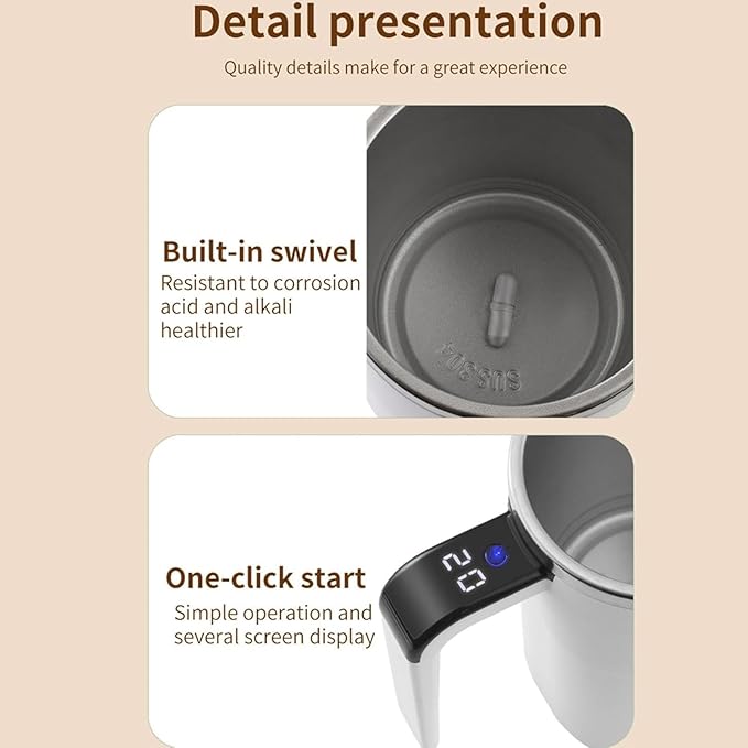 Automatic Stir Coffee g with Temperature Display – Rechargeable Self- Lid Stainless Steel Ideal for Milk and Beverages (White)