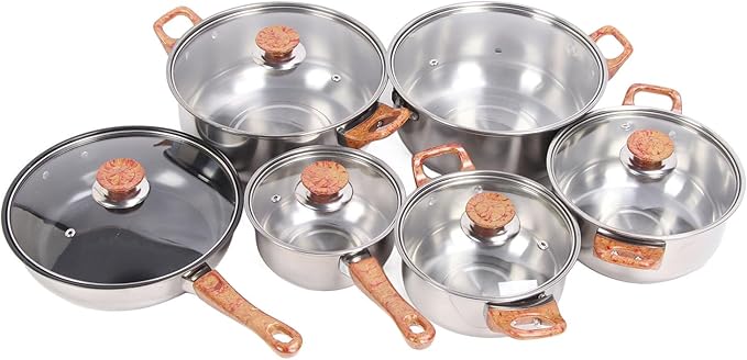 Pots Pans Set Stainless Steel Kitchen Cookware Set Wood Grain Design Multifunctional Pots and Pans Set for Home Cooking Soup Frying Boiling Noodles Durable Easy to Clean Ergonomic