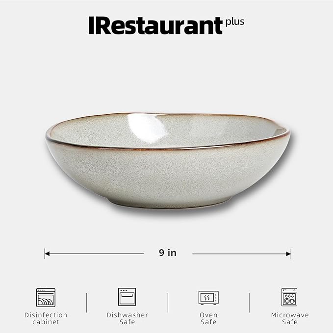 Organic Shape Highland Ceramic Serving Bowl 12pcs 9 Inch Handmade Reactive Glaze Stoneware 40oz Bowl with Wavy Edge for Kitchen Microwave &amp Dishwasher Safe Scratch Resistant-grey