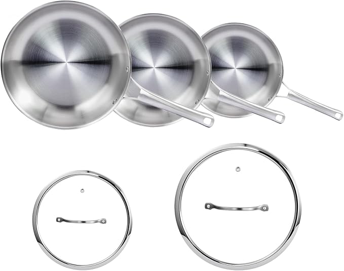 Bonnlo 5 Pieces Cookware Set 3-Ply Stainless Steel Skillets Set with Lids Chef's Pan Kitchen Set Oven &amp Dishwasher Safe Induction Cooking Set PFOA &amp PTFE Free Compatible for All Cooktops