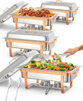 Commercial 8QT Chafing Dish Buffet Set - 4 Pack Rectangular Stainless Steel Food Warmers with Lid Holder Folding Frame Rose Gold for Catering Banquet Wedding 4-Piece Set