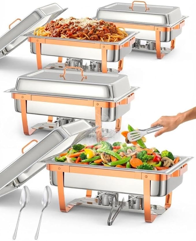 Commercial 8QT Chafing Dish Buffet Set - 4 Pack Rectangular Stainless Steel Food Warmers with Lid Holder Folding Frame Rose Gold for Catering Banquet Wedding 4-Piece Set