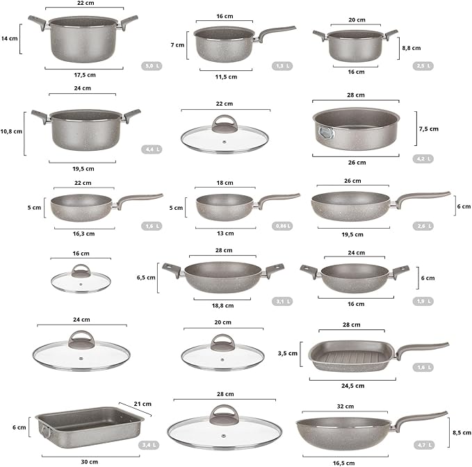 18Pcs Cookware set Made in Italy pots and pans set Nonstick kitchen set Greblon nonstick coating Healthy &amp PFOA/GenX-free Oven-safe baking pans Grey (18 Piece)