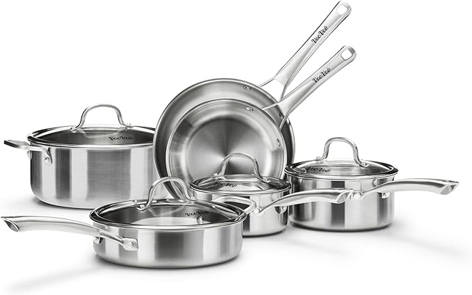 Stainless Steel Cookware SetTir-Ply Pots and Pans Set10 Pcs Stainless Steel Induction Kitchen Cookware SetsPFOA Free Frying Pans Butter warmerSaute Pan &amp Stock PotCompatible with All Cookto
