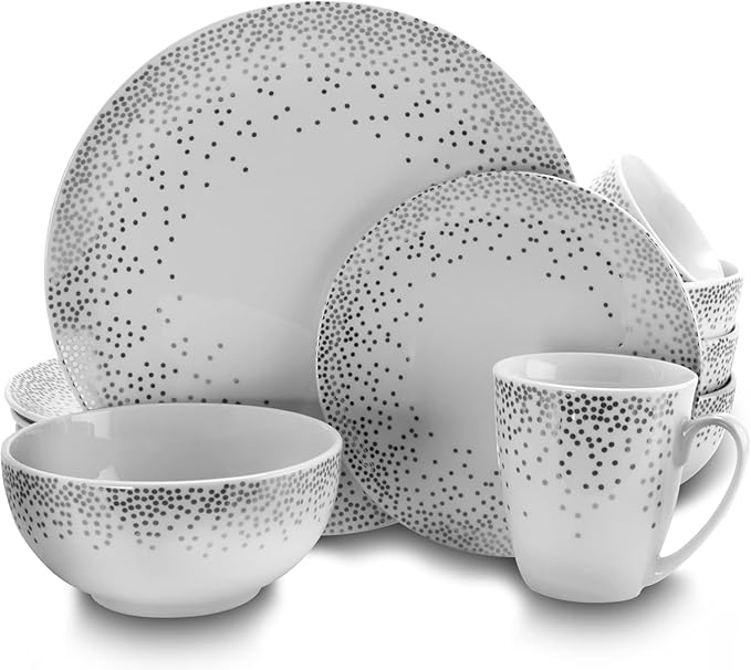 16 Piece Round Ceramic Dinnerware Set – White Plates Bowls &amp Mugs with Platinum Dot Design – Elegant Dish Set for 4 Microwave &amp Dishwasher Safe