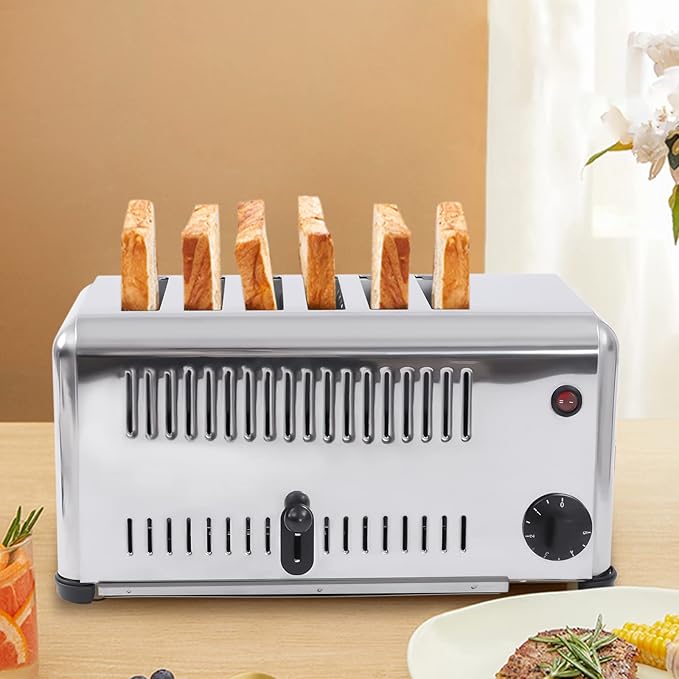 6 Slice Toaster 110V Stainless Steel Bread Baking Machine Extra Wide Slots with Removable Crumb Tray for Commercial Home Restaurant Bakery