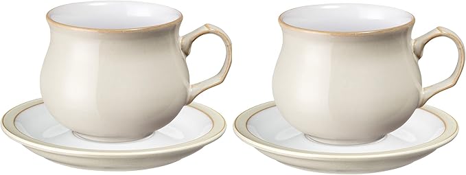 Denby - Linen Cream Tea Cup and Saucer Set of 2-200ml Stoneware Coffee Tea Mug and Saucer Set - Dishwasher Safe Microwave Safe