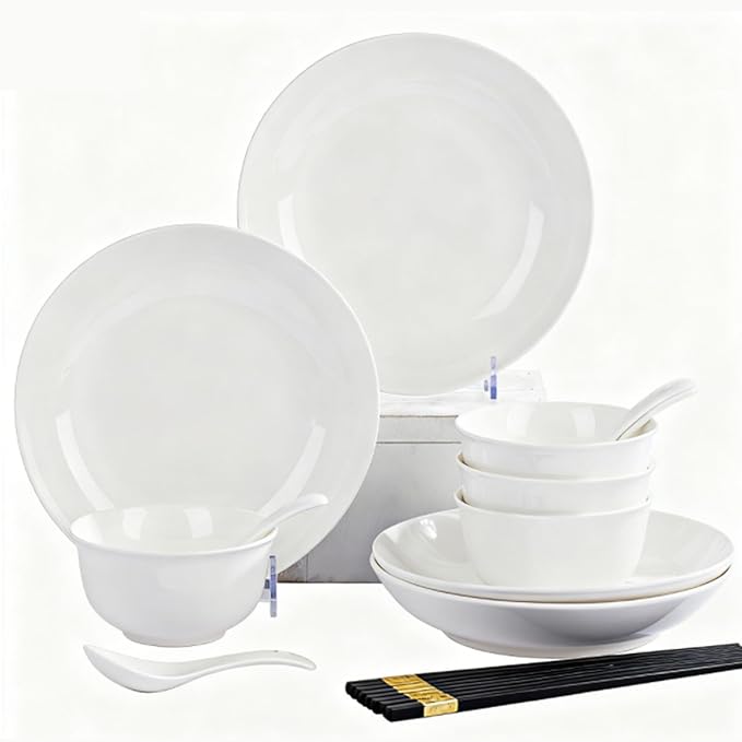 White Ceramic Dinnerware Set: Plates &amp Bowls for Kitchen Microwave &amp Dishwasher Safe Dishes Collection (16pcs)