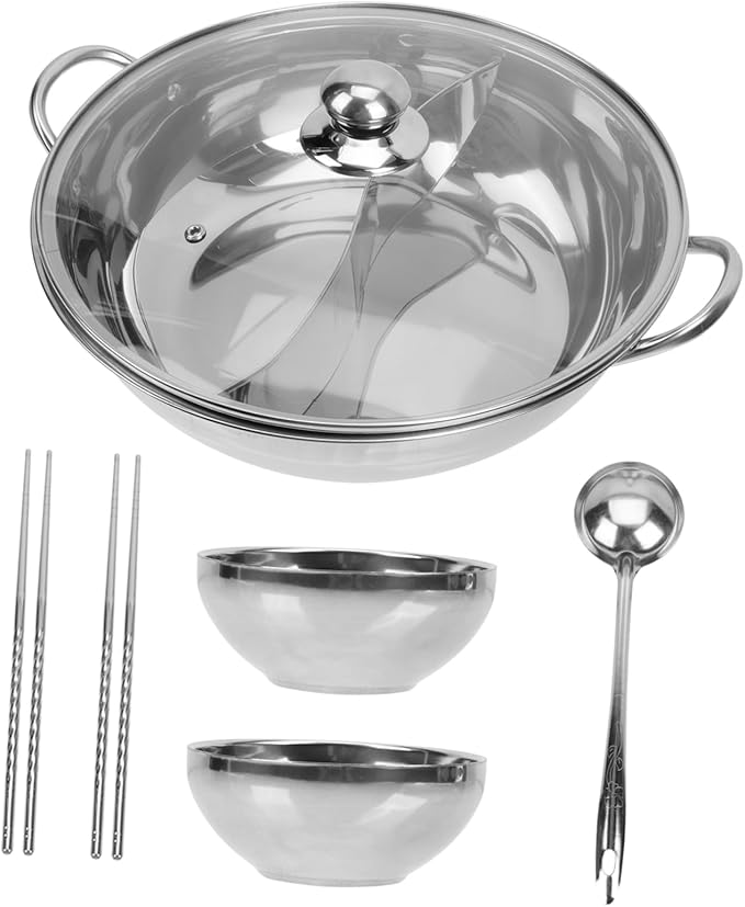 LIFKOME Stainless Steel Dual Flavor Hot Pot Divider Thickened 2-Compartment Cookware Set for Home Multi-Purpose Soup Pot for Family Gatherings and Restaurants