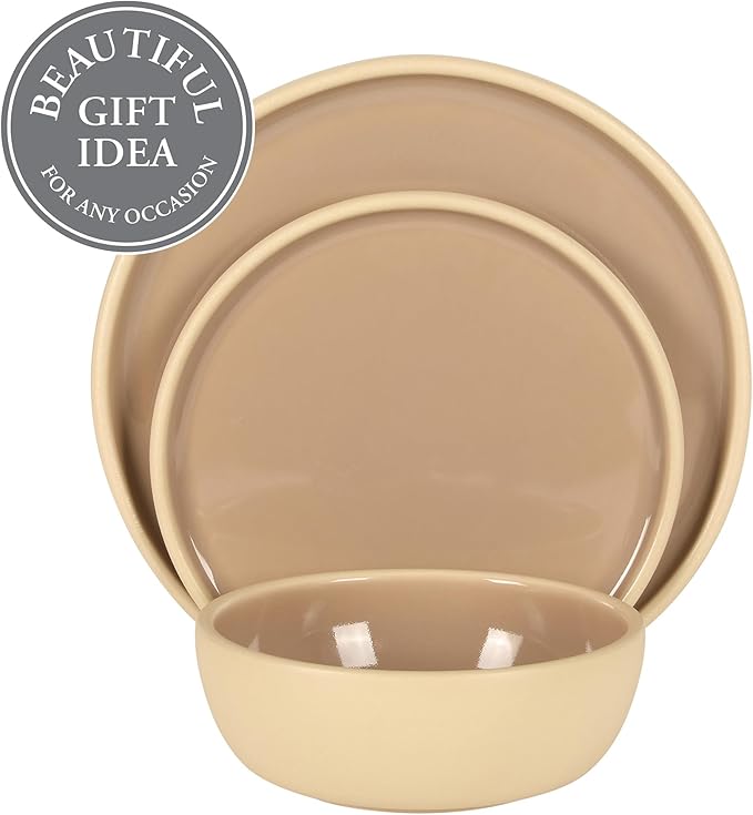 Gibson Elite - Made in Portugal - Port Gaia 12 Piece (Service for 4) Plates and Bowls Reactive Glaze Dishes Stoneware Ceramic Dinnerware Set - Taupe