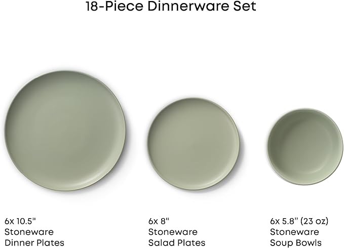 JoyJolt Mesa Stoneware Dinnerware Set 18-Piece Plates and Bowls Sets Includes Dinner - Salad and Cereal and Soup Bowls Modern Farmhouse Matte Sage Green Dish Set for 6