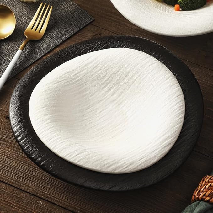 Ceramic Dinnerware Set Stone Textured Cloud and Snowflake Design Irregular Shape White Includes Plates and Bowls for Salads Desserts Pasta (White 10 inches)