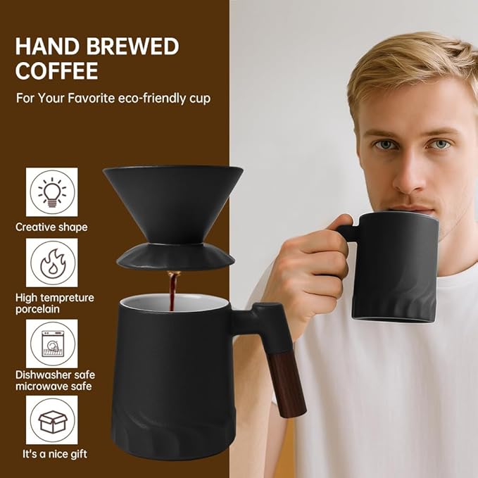 Pour Over Coffee Maker Set Ceramic Pour Over Coffee Dripper 15.5oz/450 ml with 25 Pcs V60 Paper Filter Coffee Pour Over Set for Camping Black
