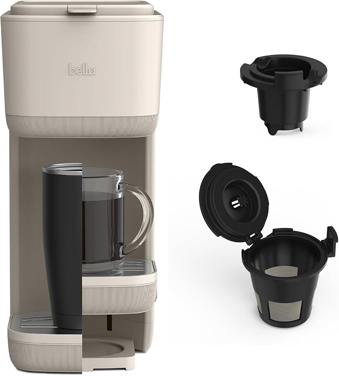 BELLA Single Serve Coffee Maker K Cup &amp Coffee Ground Compatible with Removable Adjustable Drip Tray Auto Shutoff &amp Reusable Dishwasher Safe Accessories Brews 6oz to 14oz 1000 Watt Oatmi