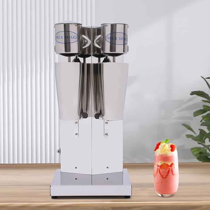 Electric Double Head Milk Shaker180W Stainless Steel Silver Commercial Drink Mixer With 2CupIce Shovel＆Cleaning BrushInfinitely Variable Speed Smoothie Malt For Cocktail Tea Coffee