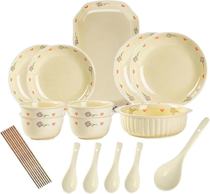 Kitchen Plate and Bowl Set 19 Pieces Dining Ware Set Reusable Dish Sets Thick and Anti-Scald Dinnerware Sets for 4 Steamable Bakeable and Microwavable Underglaze Color Technology Health and Safety