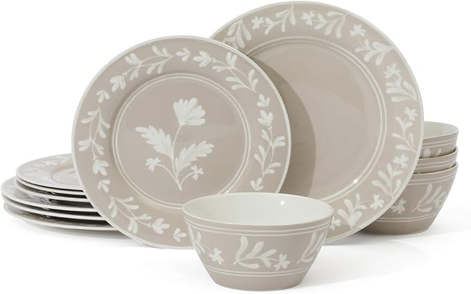 Martha Stewart Maiden Crown 12-Piece Taupe Dinnerware Set – New Bone China Ceramic Plates &amp Bowls – Floral Design – Service for 4 – Dishwasher &amp Microwave Safe