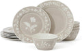 Martha Stewart Maiden Crown 12-Piece Taupe Dinnerware Set – New Bone China Ceramic Plates &amp Bowls – Floral Design – Service for 4 – Dishwasher &amp Microwave Safe