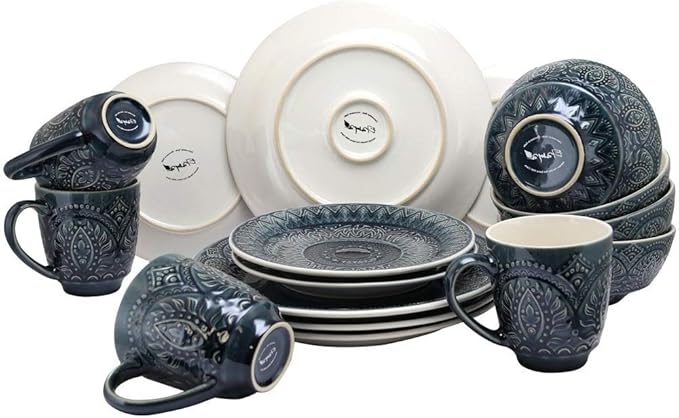 16 Piece Round Bohemian Textured Stoneware Dinnerware Sets Modern Microwave Dishwasher Safe Dark Blue Dish Set Break/Chip Resistant Durable Service for 4 Dinner/Salad Plates Bowls and Mugs
