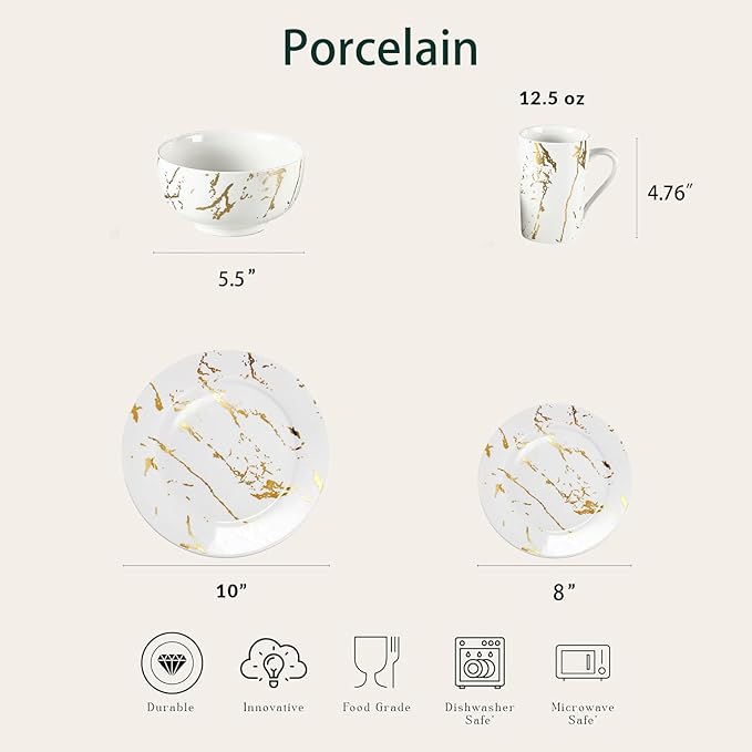 Modern Porcelain 16 Piece White Dinnerware SetPlates and Bowls SetsGold Dish Set for 4White Dinnerware SetDinner Sets with Dinner Plates.