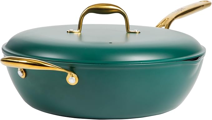 Frok 13 Frying Pan Wok Skillet 4MM Thick Quick Heat Aluminum Cookware w/Aluminum Lid Premium PFA Free Ceramic Nonstick Interior &amp Heat Resistant Exterior - Induction - Green &amp Gold