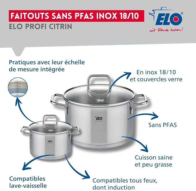 ELO 9505350 Cookware Set 4 Pieces 2 Frying Pans 24 and 32 cm and 2 Saucepans 12 and 20 cm Elo Profi Citrine Stainless Steel Induction