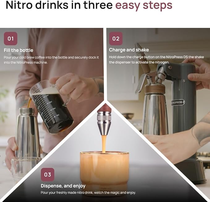 NitroPress DS Electric Nitro Cold Brew Coffee &amp Cocktail Maker Machine Air-Powered Nitro Coffee Maker &amp Nitrogen Infuser for Coffee Matcha Cocktails &amp Drinks Stainless Steel Home Bar Beve