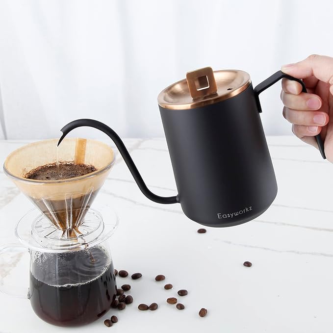 Easyworkz Gooseneck Pour Over Coffee Kettle 20 oz Stainless Steel Hand Drip Coffee Pot With Long Narrow Spout Rose Gold Black