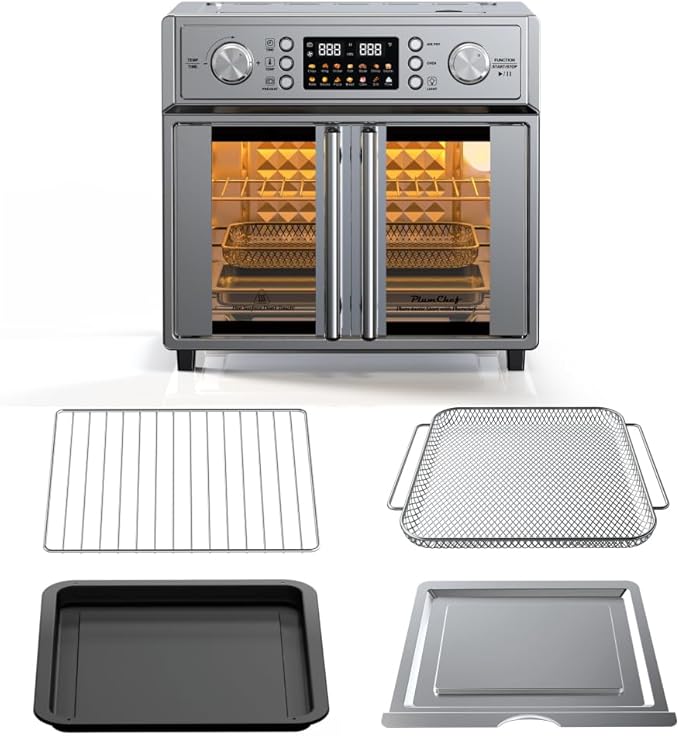 PlumChef 26QT Double-Door Air Fryer Convection Toaster Oven 1700W Large Capacity 14 Preset Menus 7-in-1 Multi-Function Stainless Steel