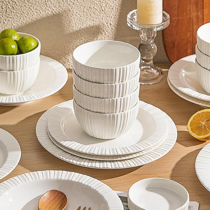 12-Piece White Ceramic Dinnerware Set - Rhine Series Service for 4 Includes Bowls Flat &amp Deep Plates Microwave &amp Dishwasher Safe