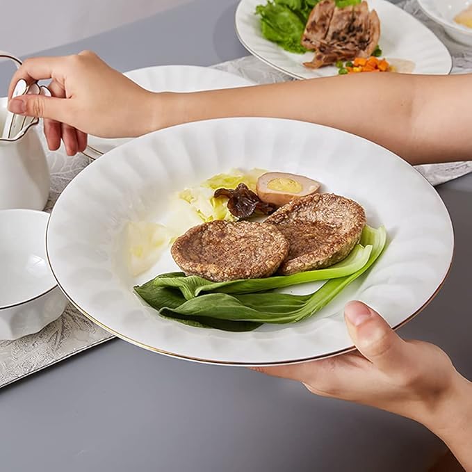 50 Pieces Dinnerware Set Porcelain Fine Bone China Home Kitchen Serving Dinner Set with White Round Cereal Bowls Plates Dishes Soup Pot with Gold Rim Service for 10