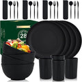 28-Piece Wheat Straw Dinnerware Sets Microwave &amp Dishwasher Safe Unbreakable Dinnerware Set Reusable Dishware Sets Lightweight Camping Dishes Plates Cups Cereal Bowls for 4（Black）