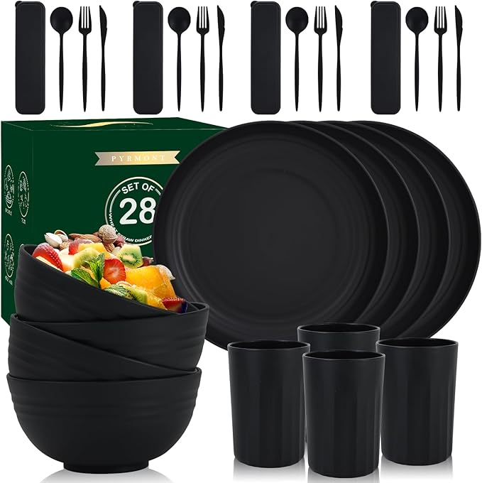 28-Piece Wheat Straw Dinnerware Sets Microwave &amp Dishwasher Safe Unbreakable Dinnerware Set Reusable Dishware Sets Lightweight Camping Dishes Plates Cups Cereal Bowls for 4（Black）