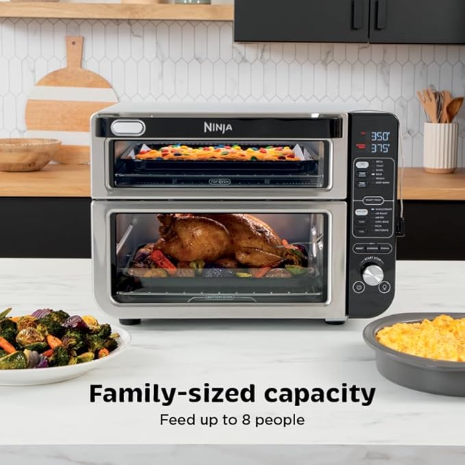 Ninja DCT451 12-in-1 Smart Double Oven with FlexDoor Thermometer FlavorSeal Smart Finish Rapid Top Convection and Air Fry Bottom  Stainless Steel