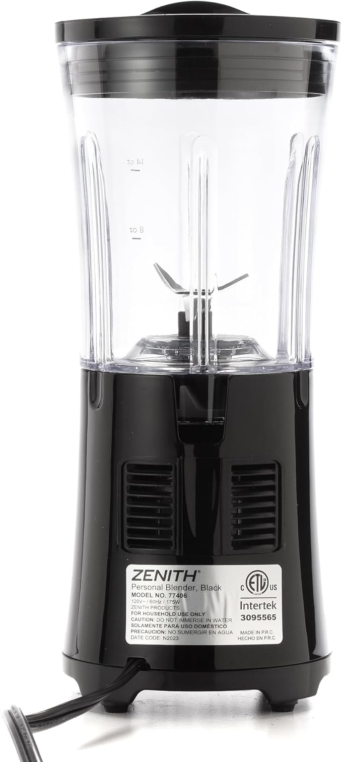 Zenith Portable Blender for Shakes and Smoothies with 14 Oz BPA Free Travel Cup and Lid Durable Stainless Steel Blades for Powerful Blending Performance Black (77406)
