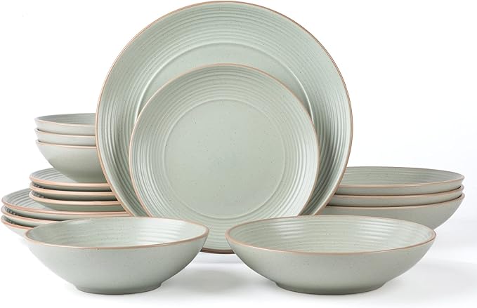 RINGAR Round Stoneware 16pc Double Bowl Dinnerware Set for 4 Dinner Plates Side Plates Cereal Bowls Pasta Bowls - Speckle Matte White (405878)