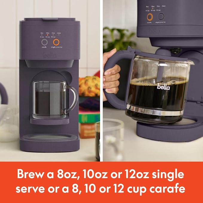 BELLA VersaBrew 2-in1 Coffee Maker K-Cup compatible Brew 3 Sizes Carafes &amp Single Serve Cups Dishwasher Safe Reusable Filter &amp Filter Holder Iced Coffee Function 60oz Tank Plum
