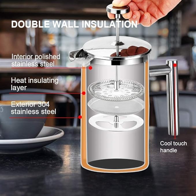 Secura French Press Coffee Maker 304 Grade Stainless Steel Insulated Coffee Press with 2 Extra Screens 34oz (1 Litre) Silver