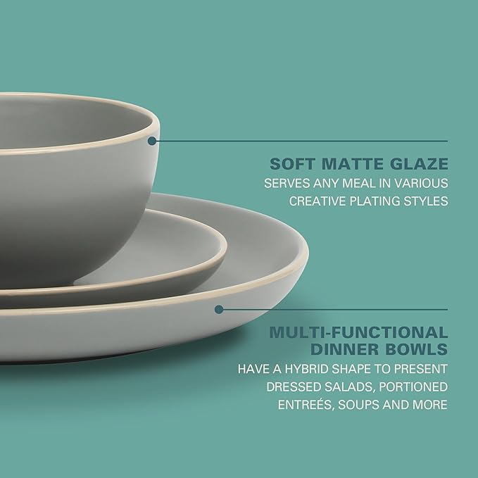 Gibson Home Rockaway 12-Piece Stoneware Dinnerware Set Matte Finish Service for 4 Modern Ceramic Plates and Bowls Microwave &amp Dishwasher Safe – Soft Gray - Service for 4