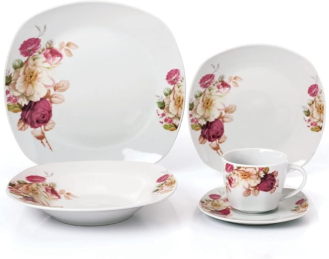 Elegant and Modern Porcelain Square Dinnerware Set for Hosting Parties and Events - 20 Piece Service for 4