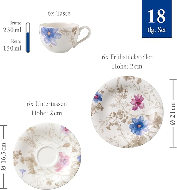 Villeroy &amp Boch Mariefleur Gris Basic Coffee Set for up to 6 People 18 Pieces Premium Porcelain White/Blue/Grey