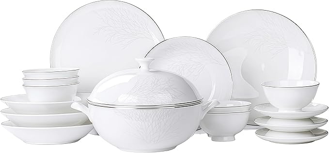 Fine Bone China Dinnerware SetPorcelain&ampCeramic Dinnerware SetsBone Stoneware &amp Ceramic Cookware Tableware Set Includes Dinner Plates|Spoons|Pasta Bowls|Soup Pot|Chopsticks (28PCS * 6-Person