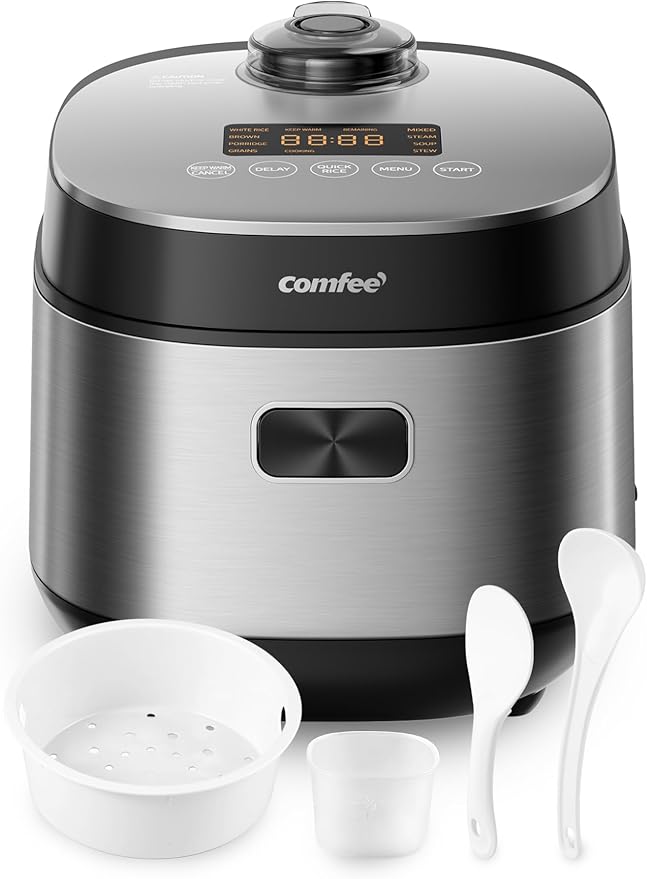 COMFEE' Compact Rice Cooker 8 Cups Cooked/4 Cups Uncooked 9-in-1 Multi Cooker Fast Rice Maker Steam Brown Rice Grains Fuzzy Logic Technology Grey