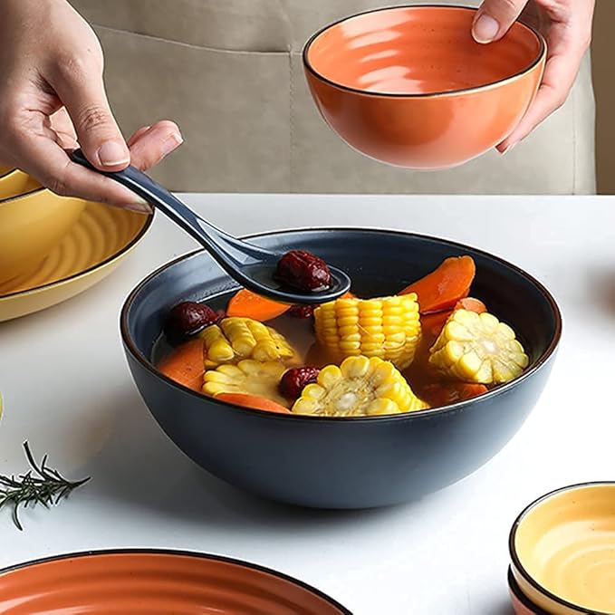 Kitchen Tableware SetCeramics Dinnerware Set Thread Pattern Chip Resistant Dinner Set/17 Pcs Porcelain Dish Set-Colorful Plates and Bowls Set for WeddingOran(