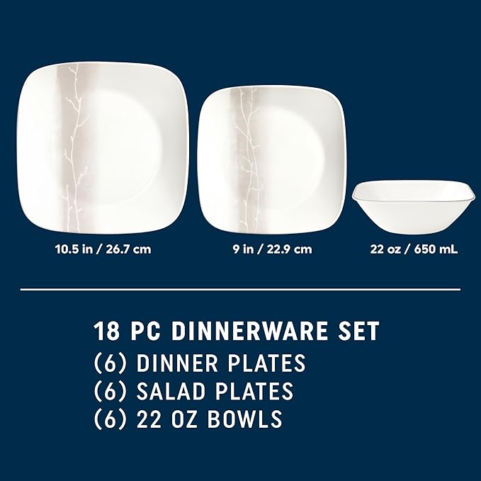 Corelle Vitrelle 18 Piece Glass Dinnerware Sets Rectangular Square Plate and Bowl Set Service for 6 Triple Layer Chip &amp Crack Resistant Glass Plate and Bowl Sets Wandering Grove