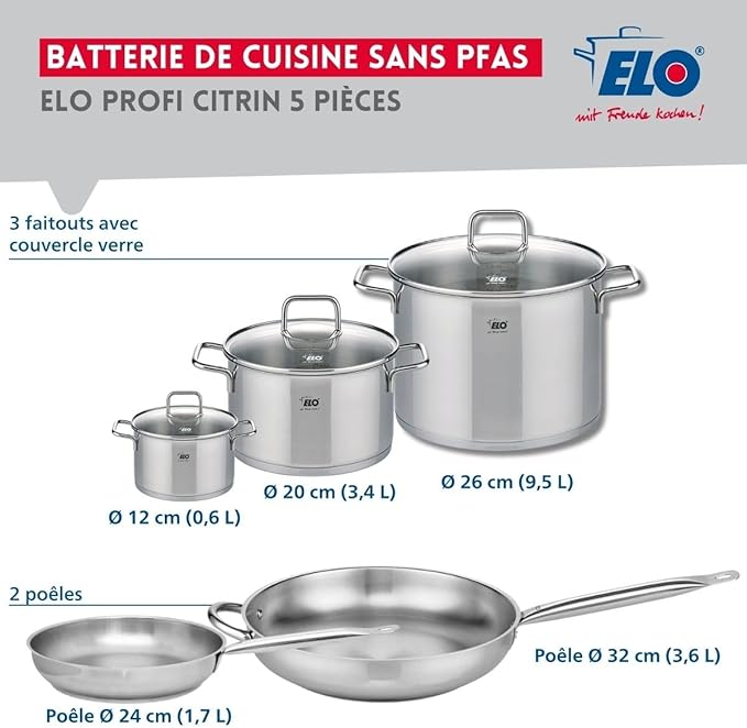 ELO 9506650 Cookware Set 5 Pieces 2 Frying Pans 24 and 32 cm and 3 Saucepans 12 20 and 26 cm Elo Profi Citrine Stainless Steel Induction
