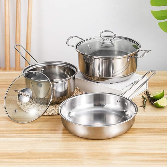 Pots and Pans Sets Pots and Pans3 Piece Non Stick Cookware SetsStainless Steel Induction Cooking Pans Set (24Cm-Frying Pan 22Cm-Saucepan 18Cm-Milk Pan) (Silver Variety Pack)