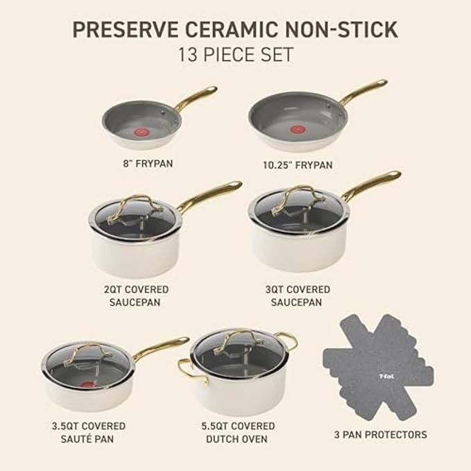 T-fal Preserve Ceramic Non stick Cookware Set 13-Piece Oven &amp Broiler Safe up to 350°F Includes Stockpot Saucepans Frying Pans Protectors Pots and Pans Beige