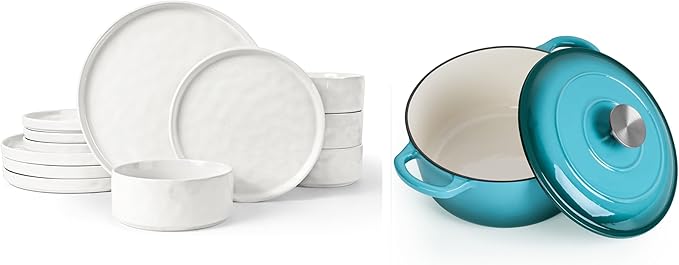 LIANYU Dinnerware Dish Sets for 4 3 QT Dutch Oven with Lid 12 Piece Stoneware Plates and Bowls Sets Enameled Cast Iron Dutch Oven Pot Kitchen Dinner Set for Dessert Salad Pasta