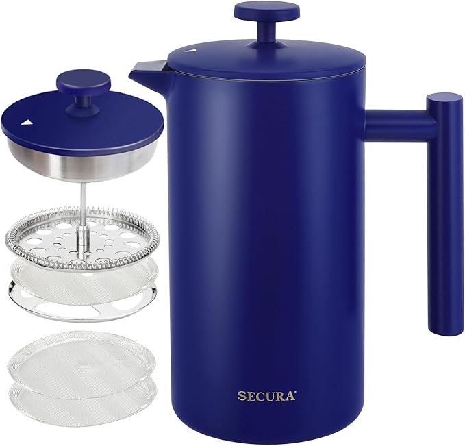 Secura French Press Coffee Maker 304 Grade Stainless Steel Insulated Coffee Press with 2 Extra Screens 34oz (1 Litre) Blue